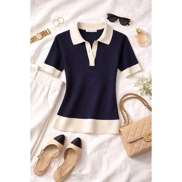 LARTIGENT Tops - LARTIGENT Knit Polo Top Free Size Navy Cream Minimalist Quiet Luxury Chic
